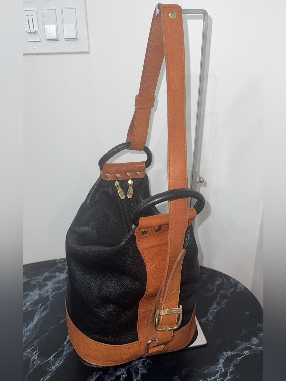 Valentina Pebbled Genuine Leather Black Bucket Sling Bag Backpack AUTHENTIC - Picture 4 of 15